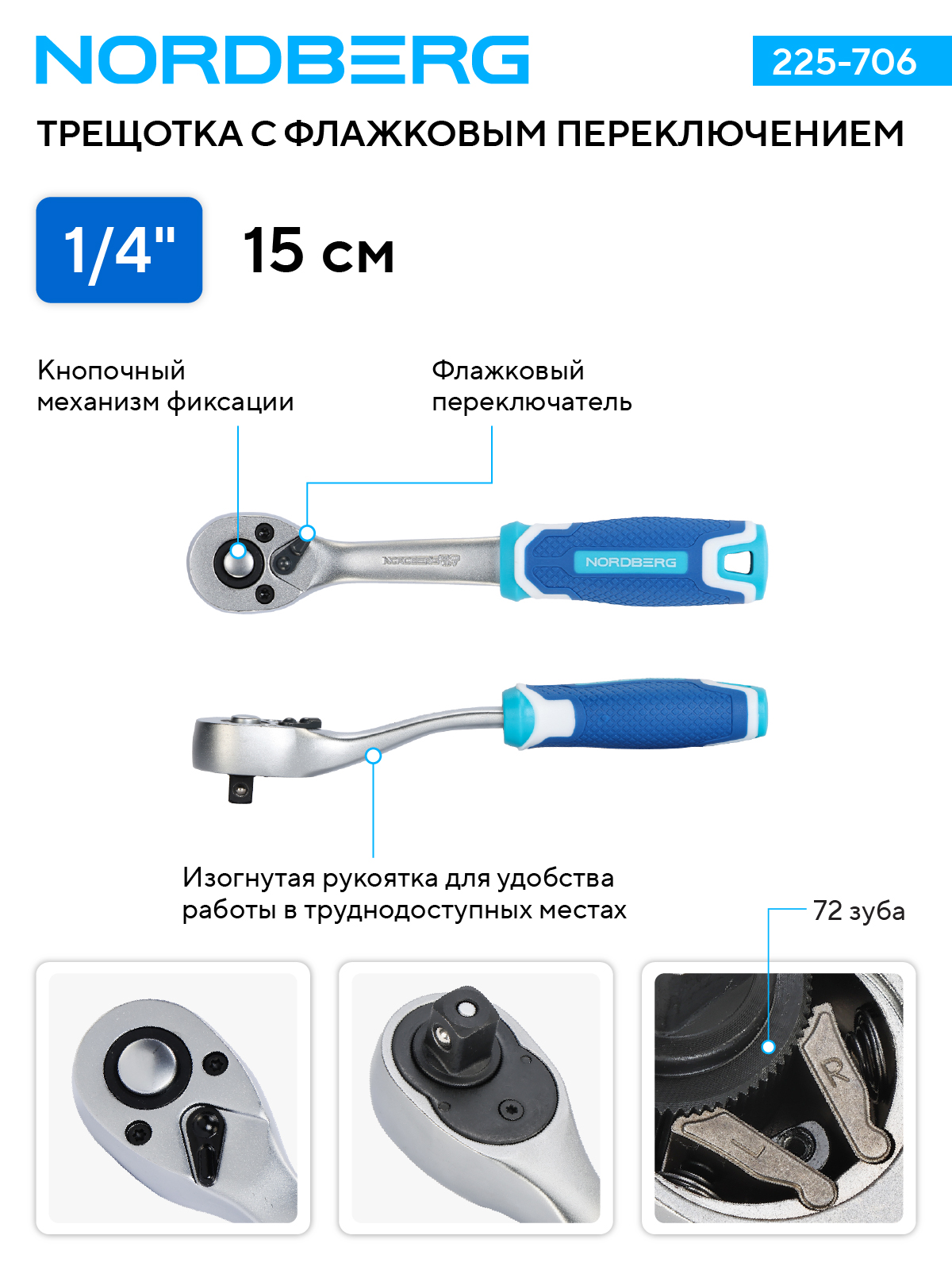 Трещотка 1/4", 72 зубца, с флажковым переключением